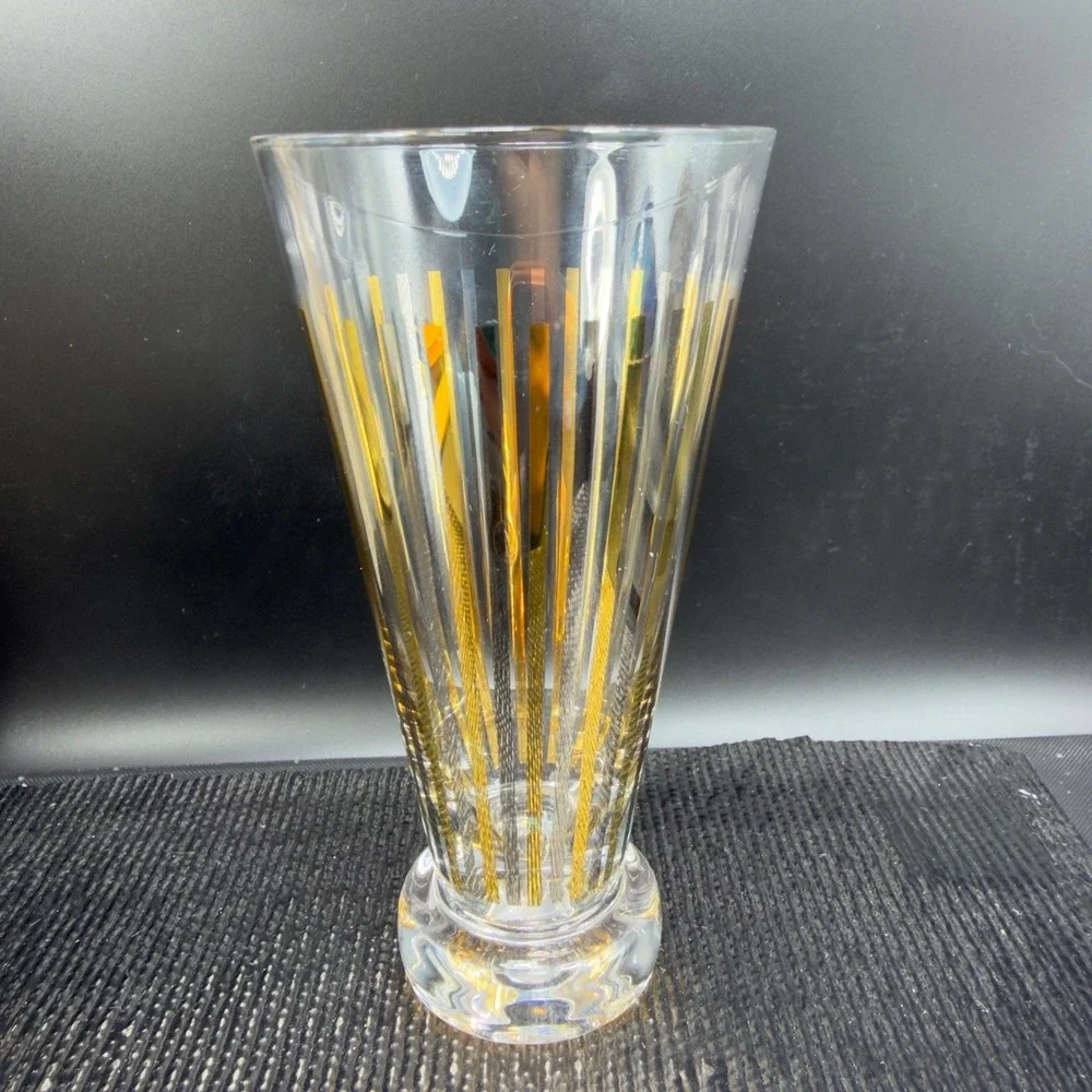Vintage Mid Century Gold Silver Striped Footed Pilsner Cups Glasses Set of 2 VTG
